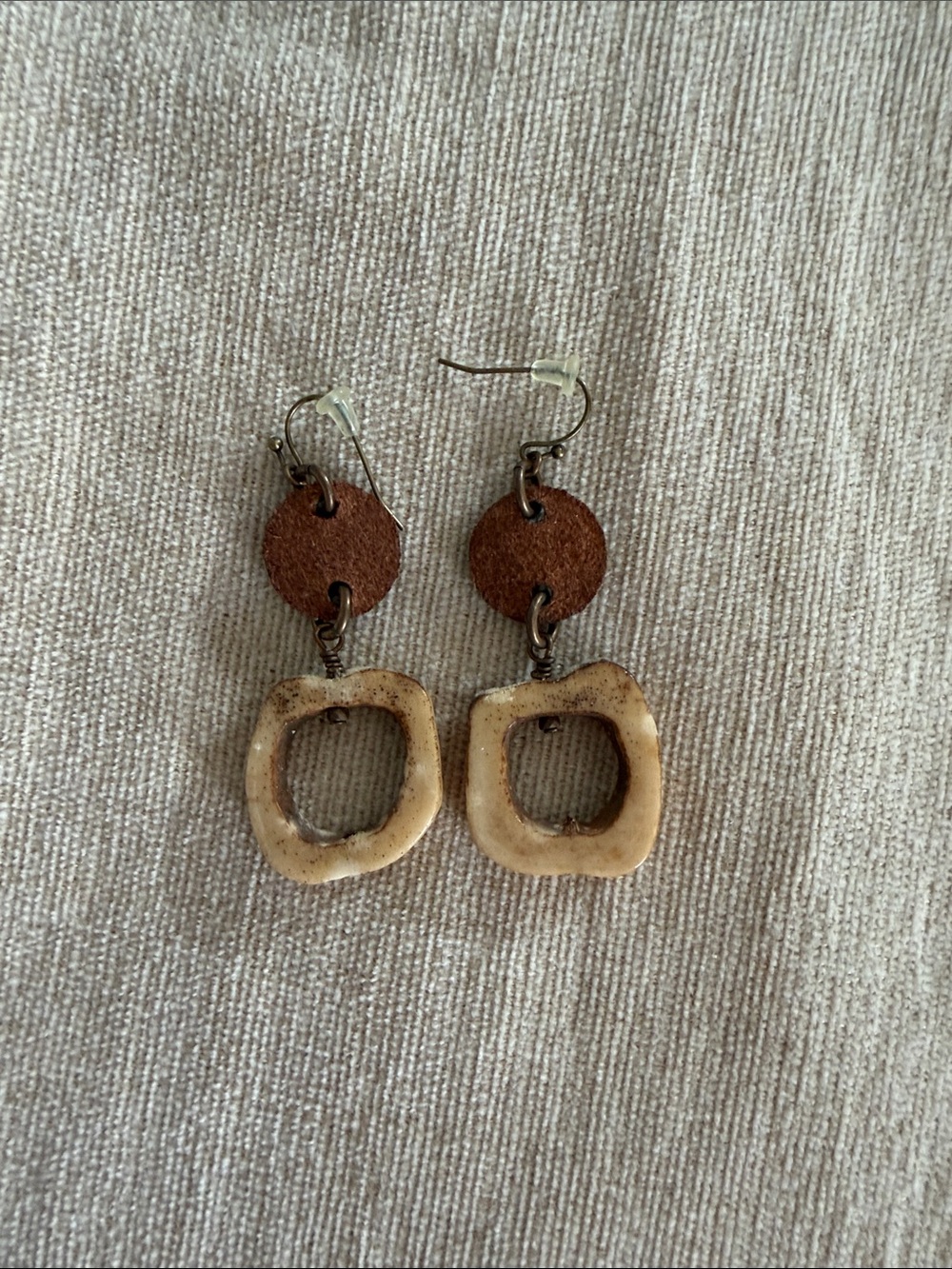 Brown Leather and Cream Ceramic Drop Earrings